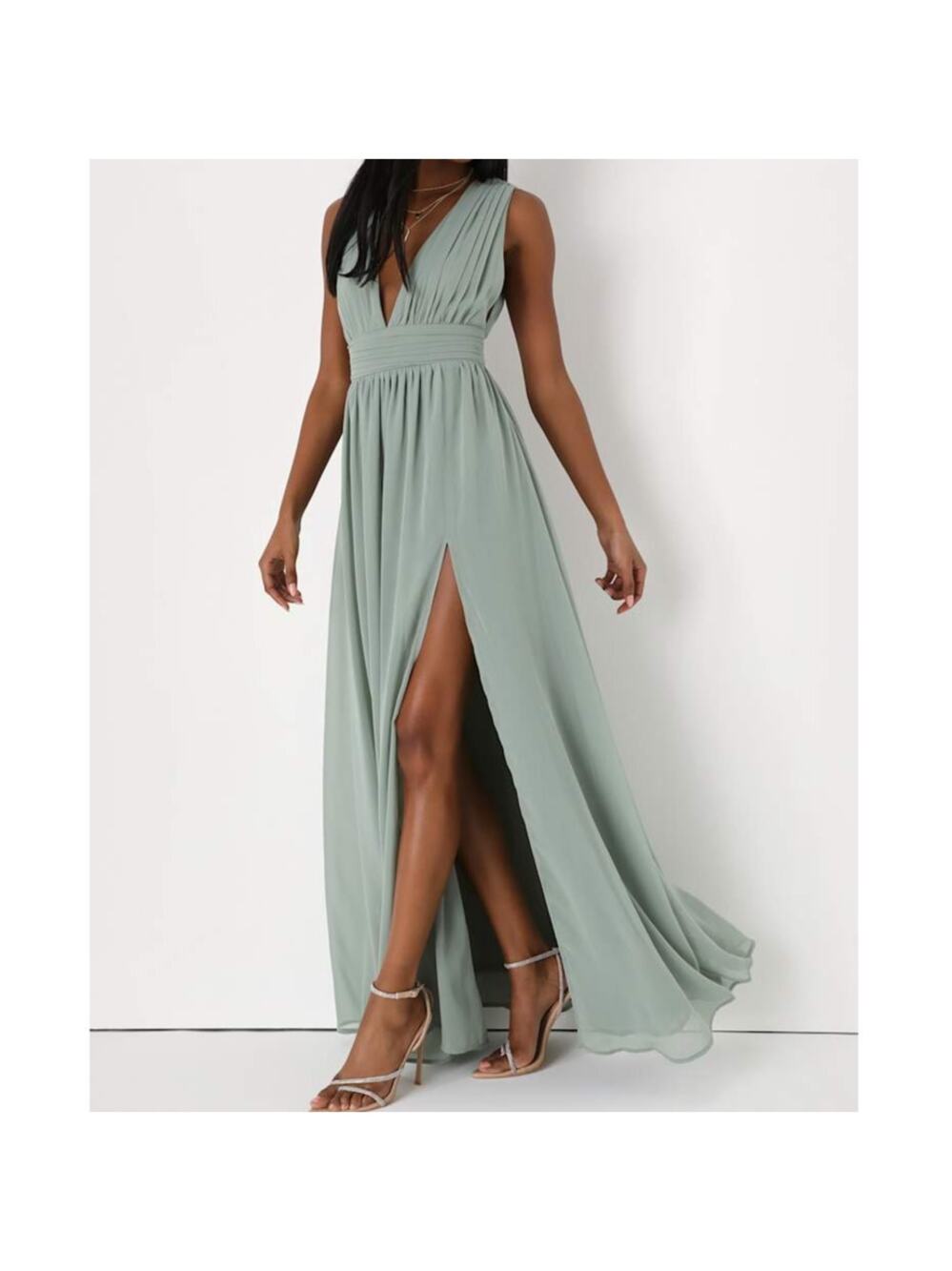 Lulus NWOT Heavenly Hues Sage Green Brush Woven Chiffon V-Neck Maxi Dress Large